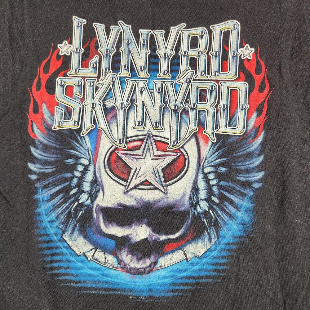 Vintage Lynyrd Skynyrd Shirt Mens XL Black Skull Wings Flame Graphic Rock Band